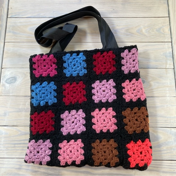 Granny Square Crochet Tote Bag Book Bag Colorful Floral 13 x 13 inches - Picture 2 of 8